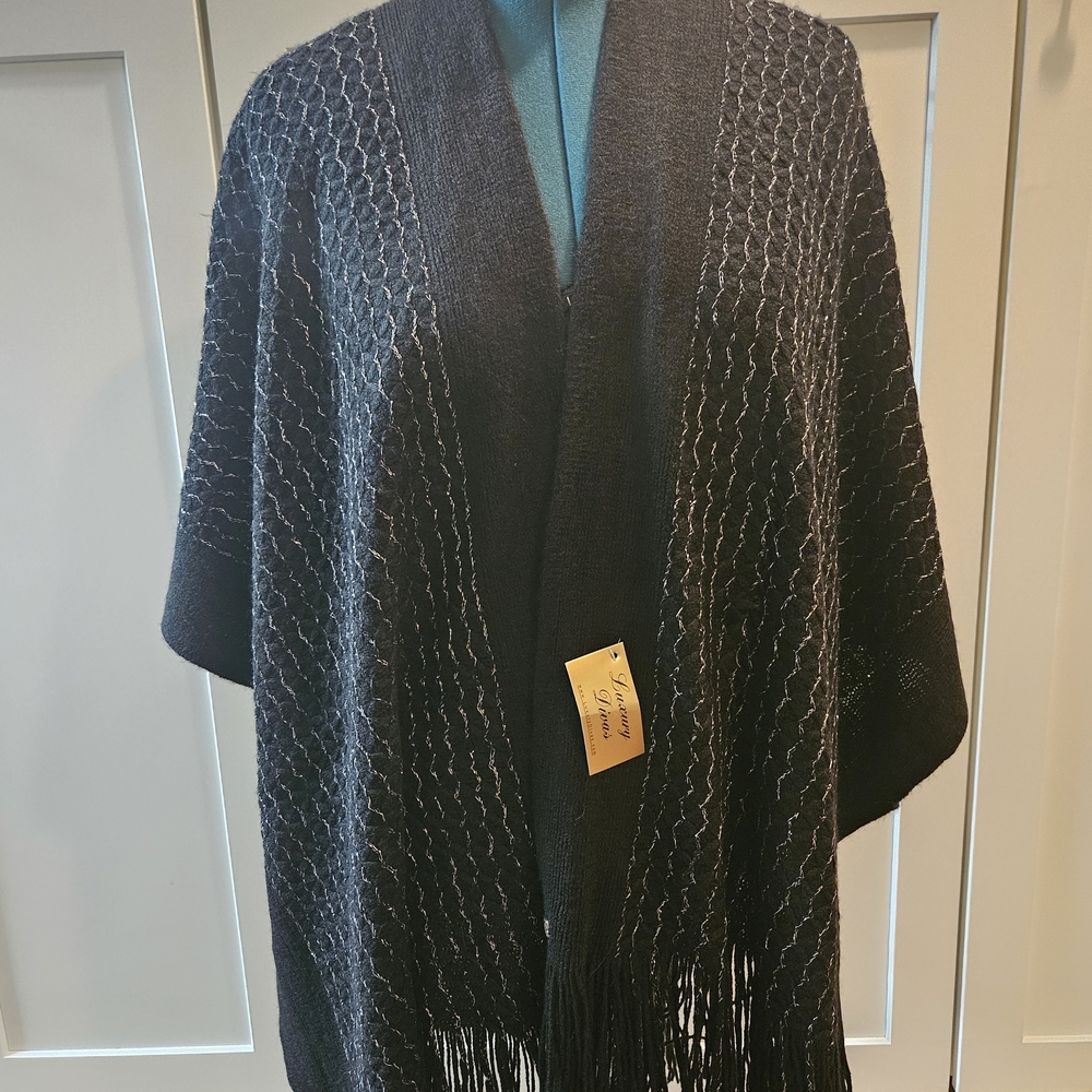 Luxury Divas Black Knit Shawl with Fringe